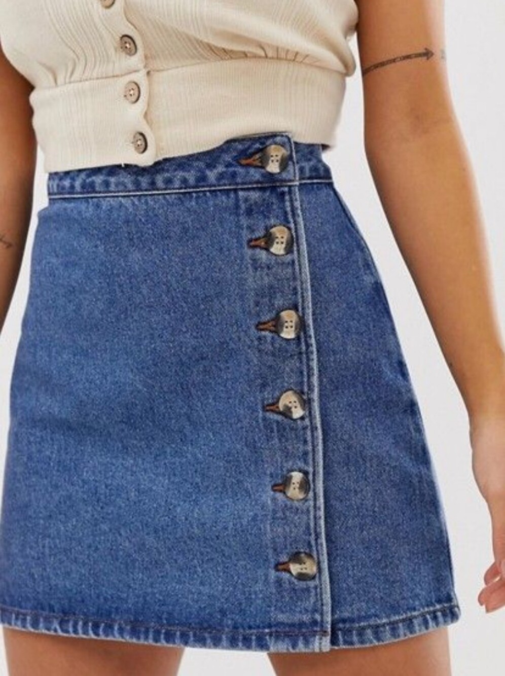 Asos A Line Jean Skirt Classic Blue Denim Button-Front  Denim Skirt